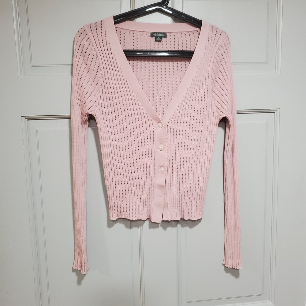 Wild Fable Pink Rib-Knit V-Neck Button-Front Lightweight Cardigan Sweater M